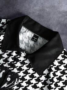 Manfinity EMRG 男士时尚千鸟格印花酸洗金属风格日常休闲衬衫，男友/丈夫礼物，周年纪念礼物，男士图案纽扣衬衫，男士短款图案衬衫，街头潮流衬衫 - 彩色 - 查看 4