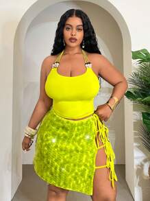 Slaydiva Women's Plus Size Lime Green 2pcs Set, Summer Beach Vacation Holiday Y2K Outfit:Beaded Spaghetti Strap Camisole Top And Bodycon Sequin Mini Skirt - Green - View 6