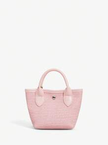 SHEIN BAE Geantă de mână cu mâner pentru lucru, tip patchwork, țesut la modă, cu blocuri de culori, model floral, agățat, pentru lucru zilnic