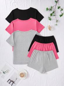 SHEIN Set de 3 piezas de pijama corto informal con estampado de corazón y letras, que incluye top de manga corta y shorts - Multicolor - Ver 2