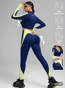 Innovista 女士撞色拼接运动套装，精致双色设计，运动健身服，透气速干运动短款上衣，拉链外套搭配提臀紧身裤，裤腿带有手机卡袋，两件套，适合日常瑜伽、骑行、高强度间歇训练、办公室、法庭、早午餐、健身房等各种场合，多功能休闲运动套装，全天候弹力运动装扮 - 藏蓝色 - 查看 2