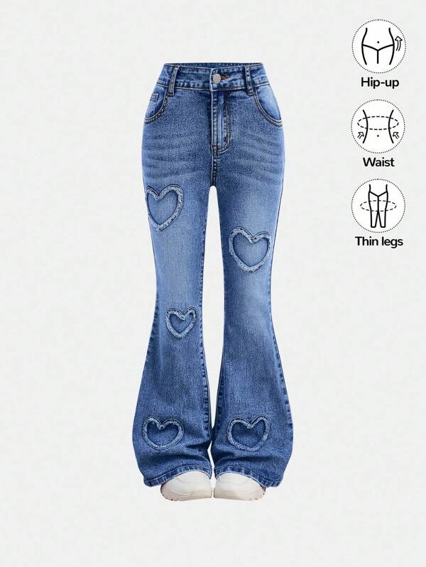 SHEIN Girlism Jeans acampanados de cintura alta con estampado de corazón desgastado estilo Y2K para niñas preadolescentes, ropa de otoño y atuendos de estilo urbano