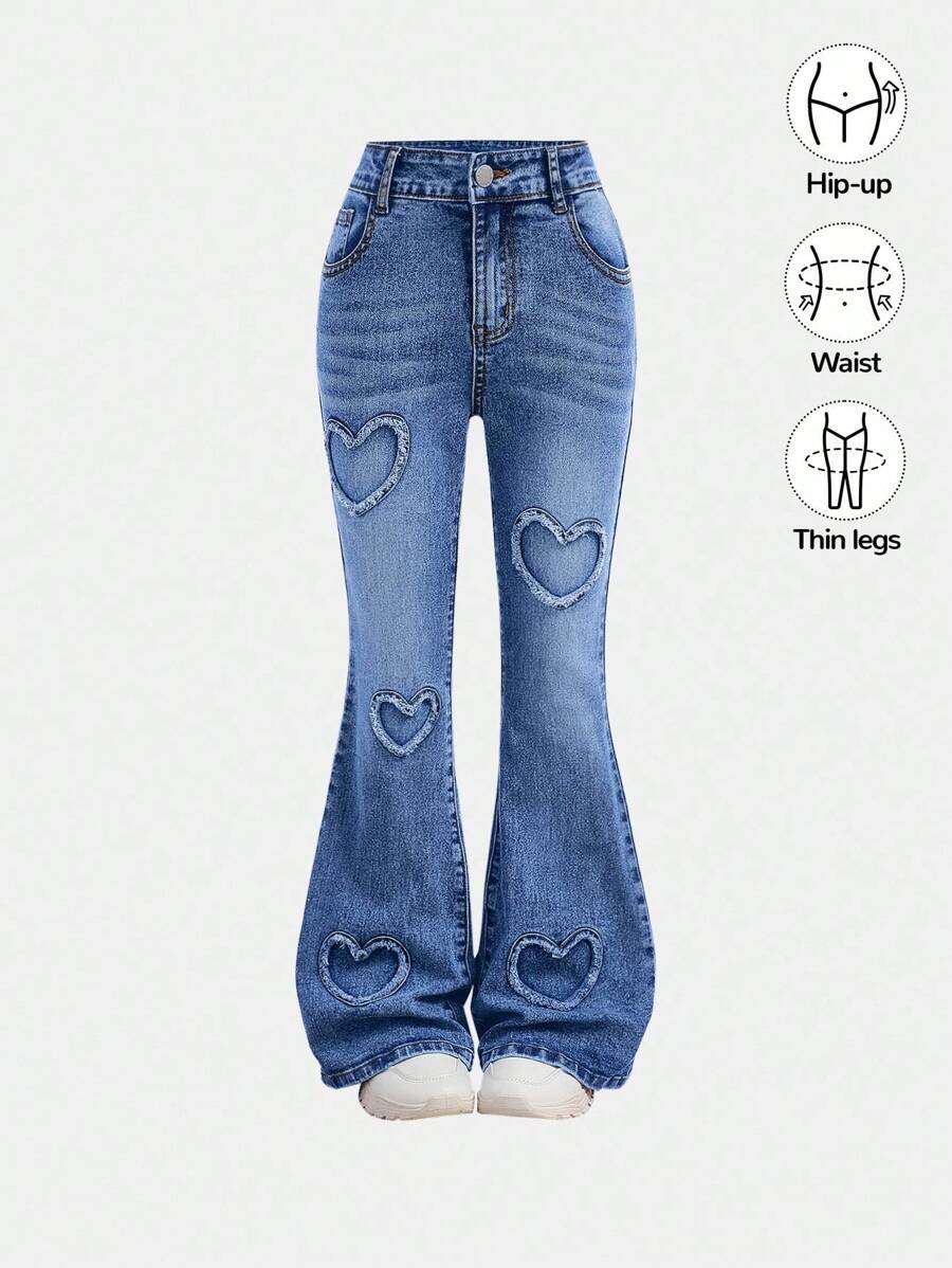 SHEIN Tween Girls Y2K 时尚石洗心形图案高腰喇叭腿牛仔裤，女孩秋装街头服装 - 中等水洗藍 - 查看 1