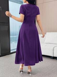 Modelyn Women's Solid Color Bowknot Decor Round Neck Short Sleeve Elegant Mid-Length Dress - Purple - View 2