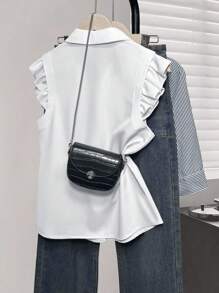 INAWLY Women's Fashionable Solid Color Collared Ruffle Sleeve Button Up Shirt - White - View 2