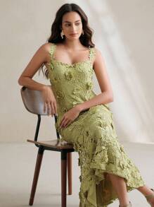Anewsta Spring/Summer High-End Elegant 3D Embroidered Flower Long Dress For Women - Olive Green - View 3