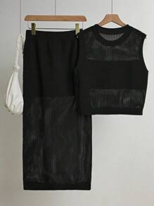 Franclia 2pcs Women Summer Vacation Casual Hollow Out Knitting Round Neck Vest & Skirt Sweater Set