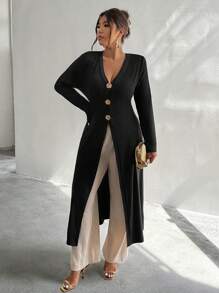 Firerie Plus Size Casual Solid Color Long Jacket Winter Fall Autumn - Black - View 2