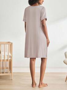 BloomMama Maternity Short Sleeve Nursing Nightgown With Button,Fashion Loungewear Sleepwear Pajama Dress Sleep Shirt - Khaki - View 6