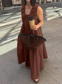 Breezaya Women's Sleeveless Solid Color Long Casual Summer Dress - Coffee - View 1