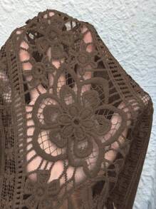 SHEIN LUNE 大码圆领褶饰后背贴花镂空短袖休闲束腰 T 恤，适合通勤和旅行 - 棕色 - 查看 7