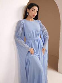 Veilorie 女士优雅纯色腰部系带长裙 - 藍色 - 查看 5