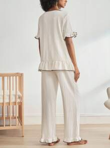 Moonlight&Mama Contrast Color Trim Bowknot Ruffle Decorated Short Sleeve Top & Long Pants Maternity Loungewear Set Holiday Season - Beige - View 2