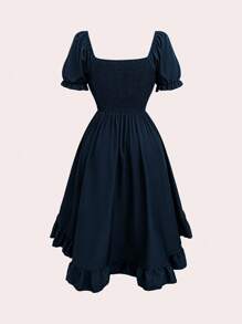 Flirla Fashionable Design Spaghetti Strap Metal Grommet Lace-Up Front Short Back Long Dress - Navy Blue - View 2