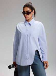 LYSMO Plus Size Solid Color Asymmetric Hem Button Up Casual Long Sleeve Shirt - Blue - View 8