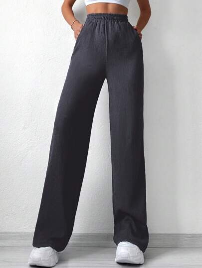 EURMUSE Dames casual effen elastische taille baggy rechte pijpen broek met schuine zakken