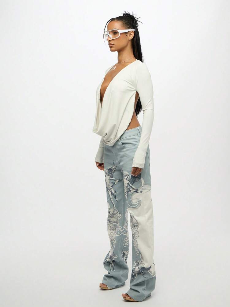 SUMWON WOMEN Renaissance Angel Print Wide Leg Statement Piece Jeans