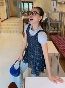 DAZY 女士格子休闲无袖上衣，荷叶边下摆，轻薄透气，适合夏季穿着 - 藍色 - 查看 2