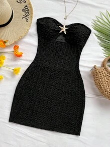 Soleia 女式度假白色针织纹理露肩低胸褶饰金属海星装饰紧身迷你连衣裙，性感派对约会海滩度假夏季服装 - 黑色 - 查看 6