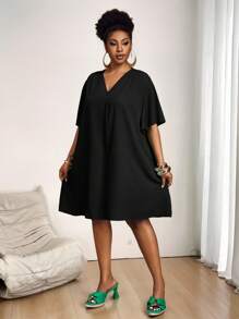 Slaydiva Đầm sơ mi tay ngắn bằng chiffon thanh lịch mới dành cho nữ, kiểu dáng thường ngày/công sở, cổ chữ V, tay bồng dáng rộng, dáng midi, đầm thun cỡ lớn, đầm đi nghỉ mát cỡ lớn, đầm đen cỡ lớn, đầm đen cổ chữ V. - màu đen - Xem 4