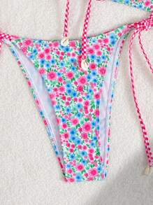 Swim Mod Conjunto de bikini de estilo de vacaciones lindo con estampado floral Ditsy, tanga con nudo para mujer para verano, playa y festivales de música, accesorios con diseño de caracol