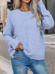 EMERY ROSE Casual Loose Solid Color Pullover Sweater, Versatile For Everyday Wear Knit Pullover Fall Winter - Baby Blue - View 5