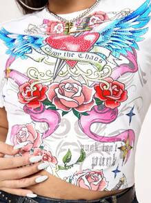 ROMWE Avant Plus Size Y2K Vintage Style Heart Wing Rose Print Bodycon T-Shirt - White - View 2