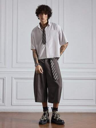 Prep Pantalones informales de longitud 7/8 de ajuste amplio y unicolor con estilo universitario para hombres