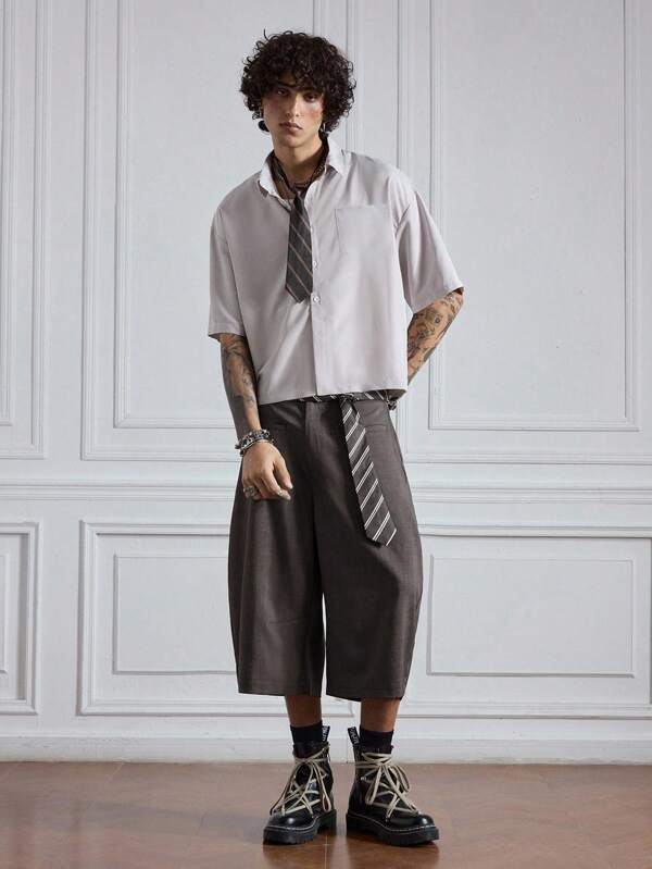 ROMWE MEN Street Life Men's Solid Color Loose Fit College Style Casual 7/8 Length Pants