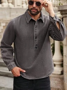 Manfinity Homme Men's Long Sleeve Button Half-Placket Casual Denim Jacket - Grey - View 1