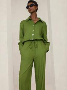 Aveloria Modichic 2pcs Linen Hemline Side Slit Shirt & Solid Color Casual Pants Set Fall Cloth For Women - Green - View 4