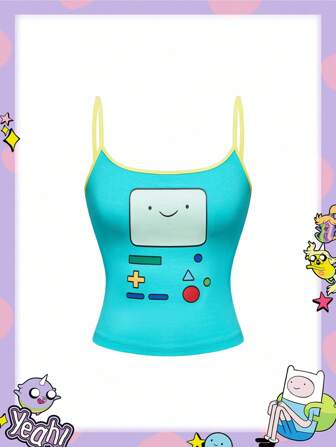Adventure Time X ROMWE Y2K Cute Cartoon Face Print Contrast Color Slim Fit Camisole Top