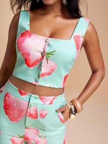 Becci Summer Fruit Strawberry Print Woven Cami Top And High-Waist Wide-Leg Pants Set Vacation Co-Ords