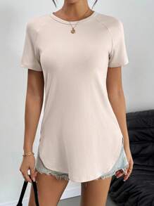 Chiquease Áo thun ngắn tay dáng rộng xẻ tà mùa hè mới cho nữ, áo thun croptop cổ tròn ôm sát vạt bất đối xứng, áo thun ngắn tay dáng rộng xẻ tà hai bên, áo thun ngắn tay cổ tròn màu trơn dáng rộng mới cho nữ. - Màu be - Xem 3