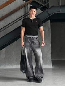 ESTAVOR 男士梭织宽松长款黑色休闲时尚牛仔裤 - 灰色 - 查看 5