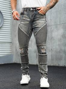 Manfinity Roughcore Men's Casual Everyday Washed Ripped Skinny Jeans - Medium Wash - View 5