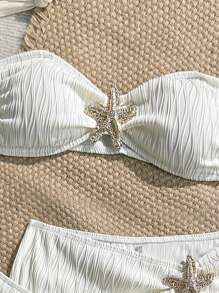 Soleia Women's Summer Beach Starfish Decor Bandeau Sexy Bikini Set With Cover Up Skirt - White - View 5