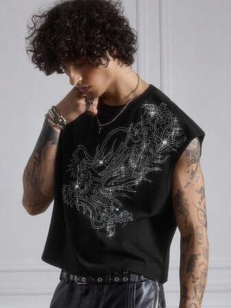 Street Life Men's Rhinestone Chinese Dragon Pattern Loose Fit Round Neck Tank Top