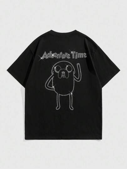 Adventure Time X ROMWE Men's Loose Rhinestone Embellished Cartoon & Letter Graphic Drop Shoulder Black T-Shirt