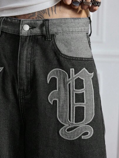 Street Life Men's Letter Graphic Pocket Contrast Color Wide Leg Capri Jeans