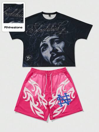 Street Life Men's Street American Jesus Rhinestone Graphic Print Short Sleeve T-Shirt Set