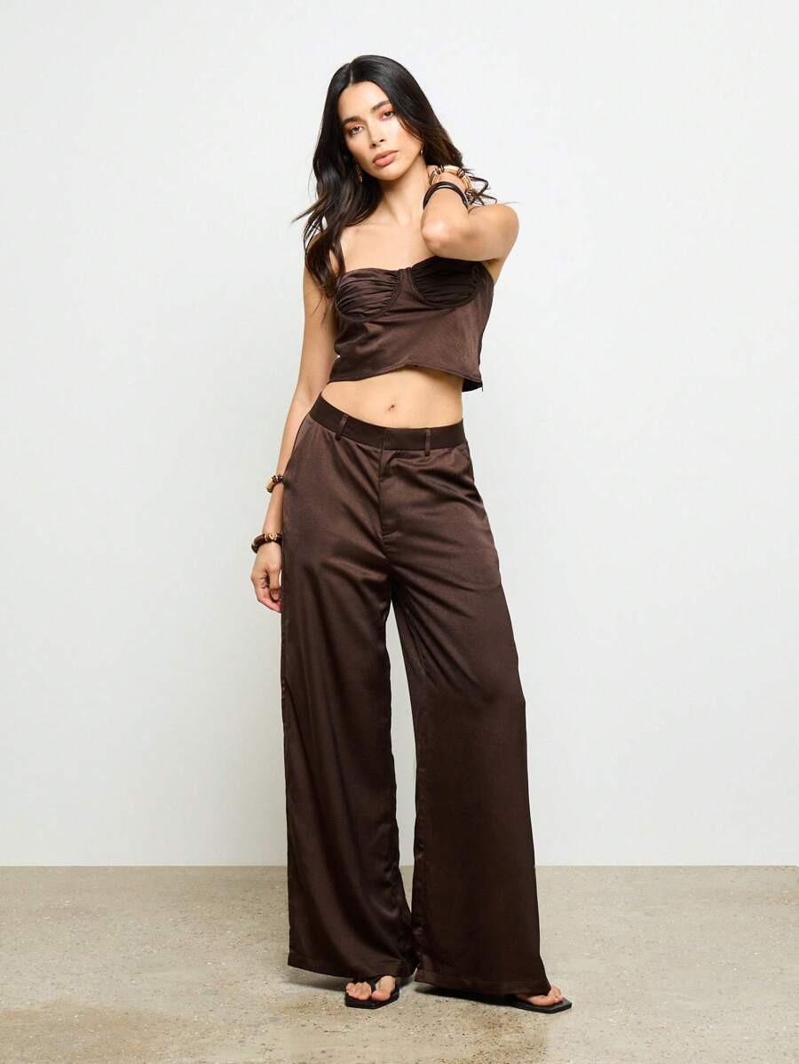 AiiRZ Höst/Vinter Rynkad Korsettmodell Bustier Topp Vida Ben Palazzo Kombinerat Set Fest/Kväll Outfit - Brun - Visa 1