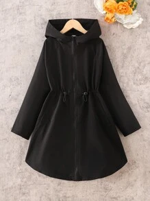 SHEIN 青少年女孩休闲简约舒适连帽中长抽绳夹克，秋冬 - 黑色 - 查看 6