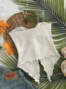 SHEIN Tween 女童白色和米色扭纹前胸褶短款吊带背心，适合休闲海滩度假春夏 - 杏色 - 查看 7