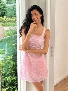 Ria Solene Striped Texture Contrast Lace Backless Short Cocktail Dress - Pink - View 1