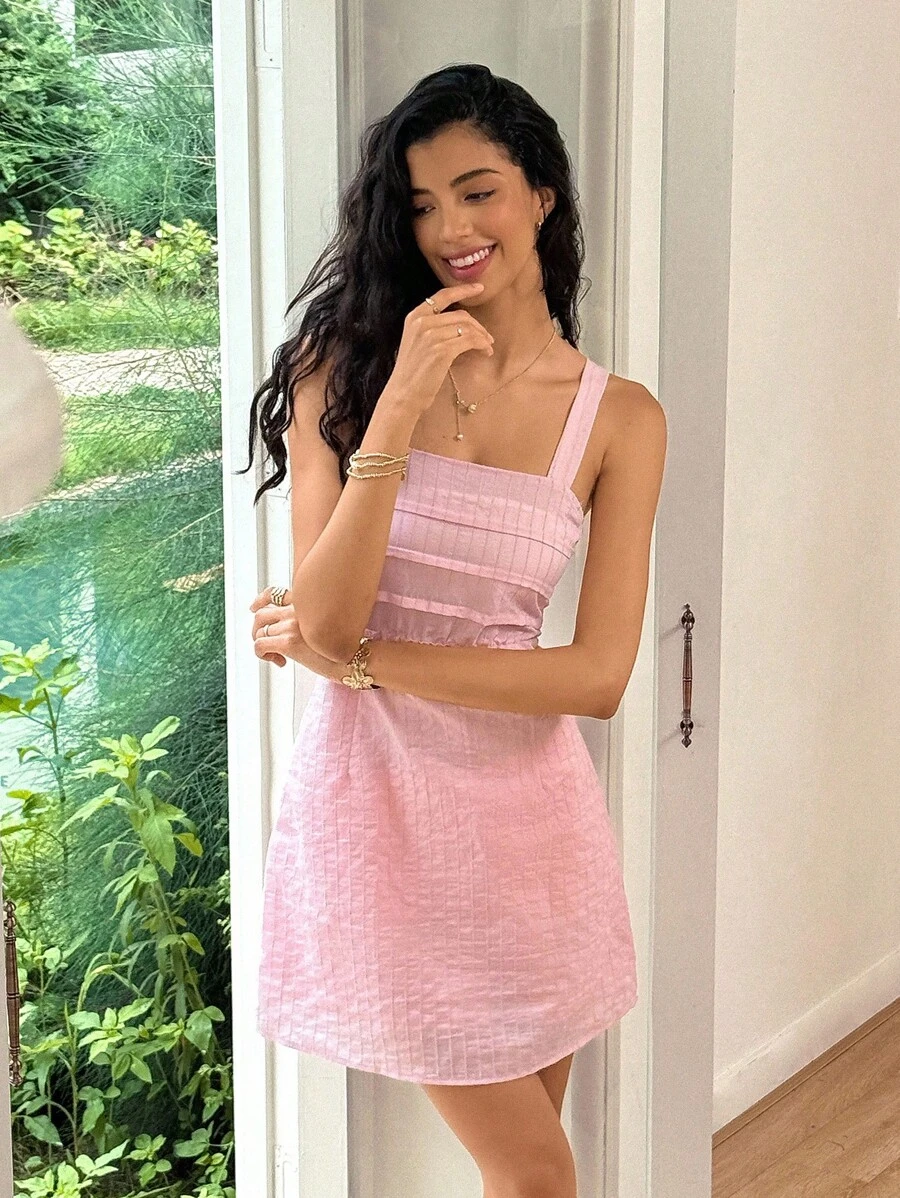 Ria Solene Striped Texture Contrast Lace Backless Short Cocktail Dress - Pink - View 1