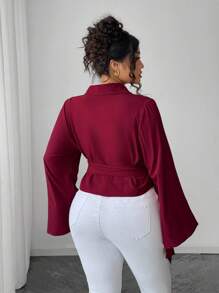 SHEIN Unity Chemise de bureau à manches évasées de couleur unie élégante grande taille - Rouge - Voir 2