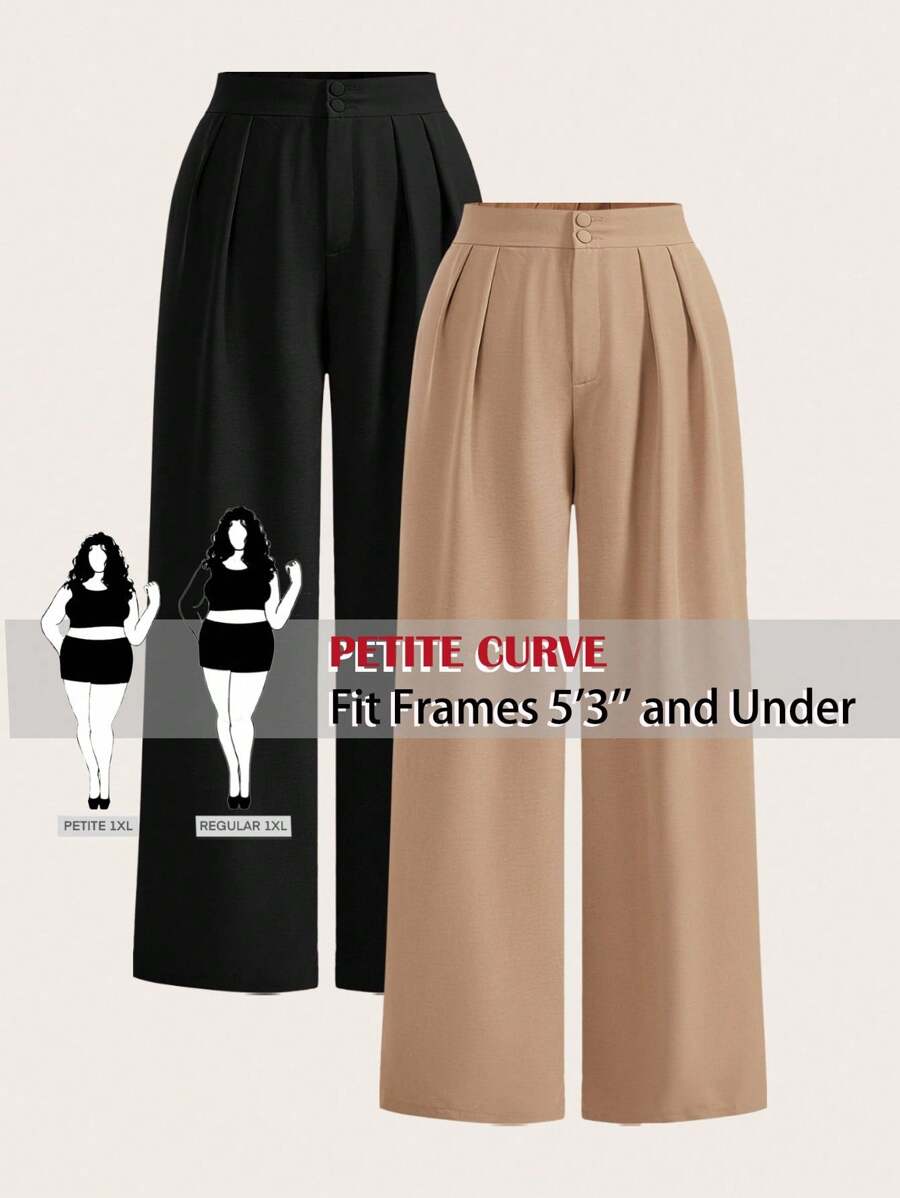 SHEIN PETITE CURVE 两件套加大码高腰裤套装，黑色+卡其色，两件套阔腿裤，高腰褶皱阔腿裤，黑色长裤，宽松版型，长裤，商务休闲女装，适合身材娇小的女性，春季女装，毕业典礼，优雅休闲，女士正装，黑色长裤，高腰，宽松裤 - 彩色 - 查看 1