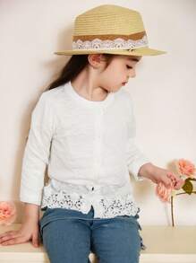 DAZY 年轻女孩圆领蕾丝拼布休闲长袖纯色开衫，秋装 - 白色 - 查看 8