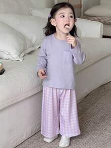 Dazy Kids Baby Girl Casual Knit Round Neck Short Sleeve Top And Plaid Loose Pants, Pajama Set Toddler - Purple - View 7
